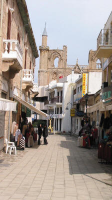 A street in Famagusta, North Cyprus. Lala Mustafa Pasa Mosque in the backgroung